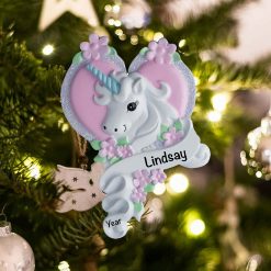 Personalized Unicorn Heart Ribbon Christmas Ornament