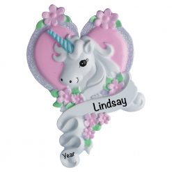 Unicorn Heart Ribbon Personalized Christmas Ornament