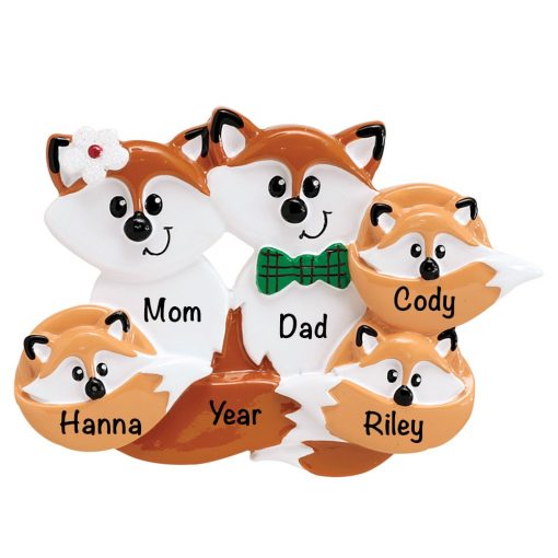 Fox Family of 5 Personalized Christmas Ornament
