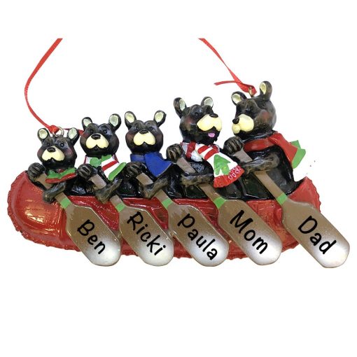 Bear Canoe Family of 5 Personalized Christmas Ornament