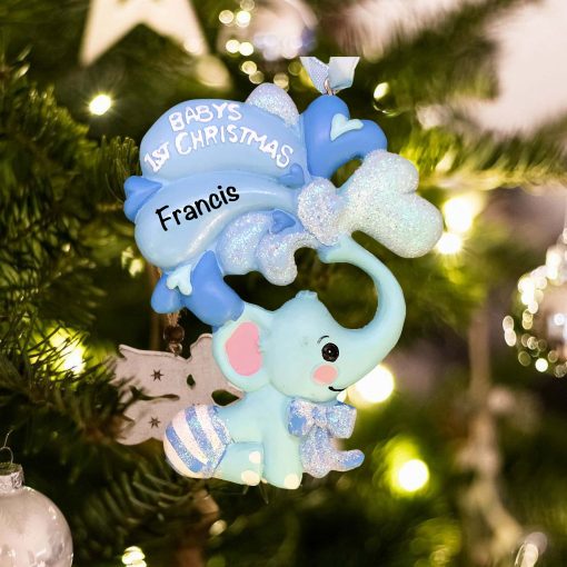 Personalized Baby's First Christmas Elephant Blue Christmas Ornament