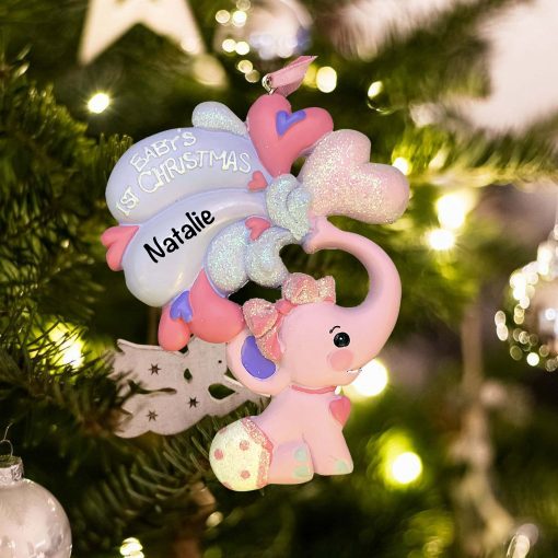 Personalized Baby's 1st Christmas Elephant Pink Christmas Ornament