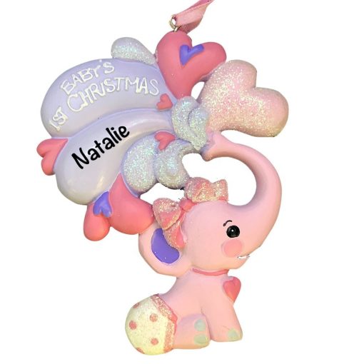 Pink Baby's 1st Christmas Elephant Personalized Christmas Ornament