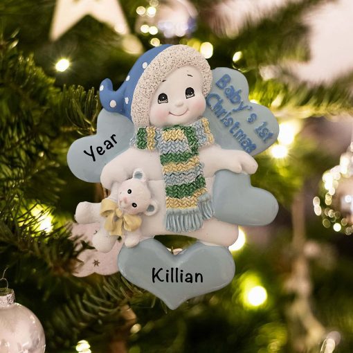 Personalized Babys First Christmas Snowbaby Blue Christmas Ornament