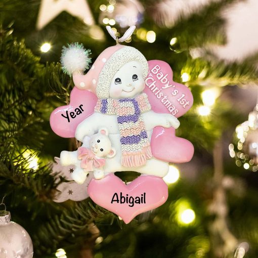 Personalized Babys First Christmas Snowbaby Pink Christmas Ornament