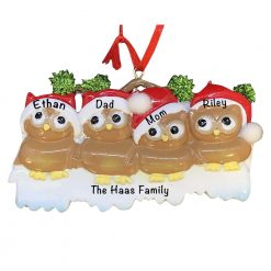 Brown Owl Family of 4 Personalized Christmas Ornament