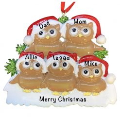 Brown Owl Family of 5 Personalized Christmas Ornament