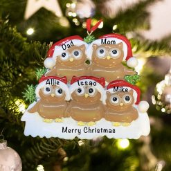 Personalized Brown Owl Family of 5 Christmas Ornament