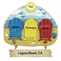 Beach Chair Family of 3 Personalized Christmas Ornament