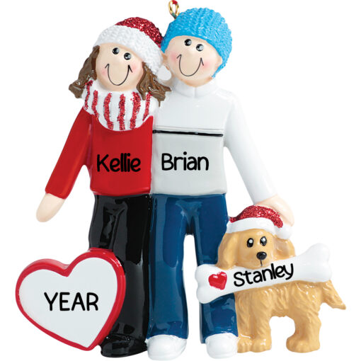 1632 Winter Couple with Tan Dog Personalized Christmas Ornament - Gift for Couple, New Dog, First Christmas - Custom Tree Decor - Website