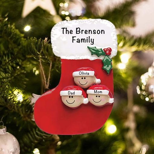 Personalized Red Stocking Family of 3 Christmas Ornament