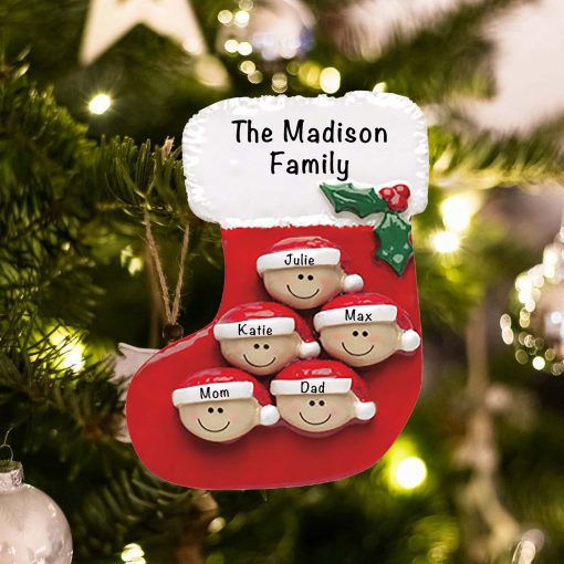 Personalized Red Stocking Family of 5 Christmas Ornament