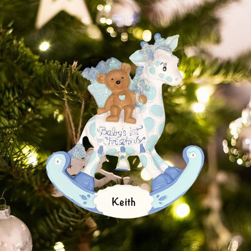 Personalized Blue Babys First Christmas Bear Rocking Giraffe Boy Christmas Ornament
