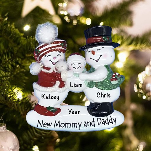 Personalized New Mommy and Daddy Snow Family Christmas Ornament