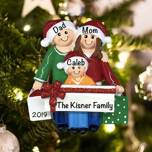 Family of 3 Opening Christmas Gifts by the Tree Personalized Christmas  Ornament
