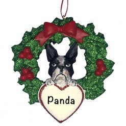 Boston Terrier With Wreath Personalized Christmas Ornament