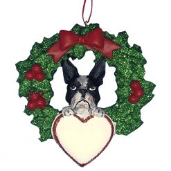 Boston Terrier With Wreath Personalized Christmas Ornament - blank