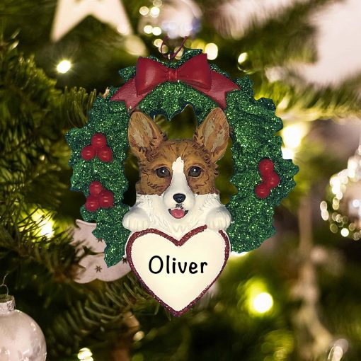 Personalized Corgi with Wreath Christmas Ornament