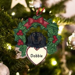 Personalized Black and Tan Dachshund with Wreath Christmas Ornament