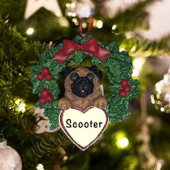 Personalized Pug with Wreath Christmas Ornament