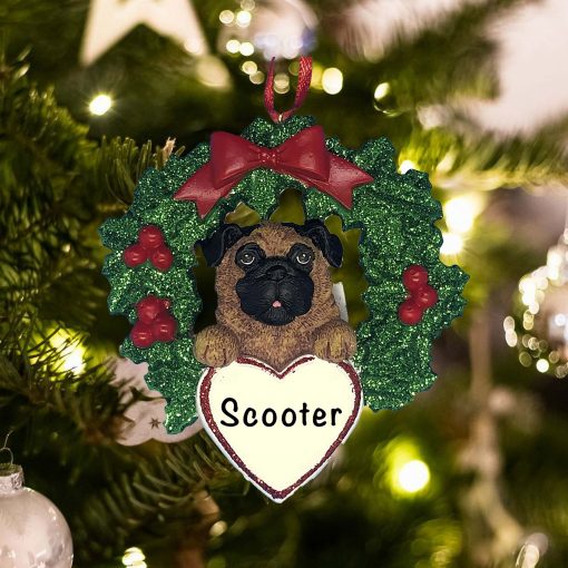 Personalized Pug with Wreath Christmas Ornament