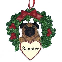 Pug With Wreath Personalized Christmas Ornament