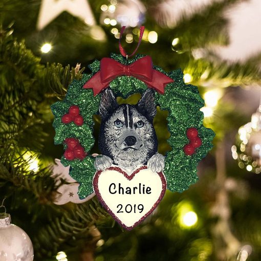 Personalized Siberian Husky with Wreath Christmas Ornament