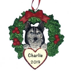 Siberian Husky With Wreath Personalized Christmas Ornament