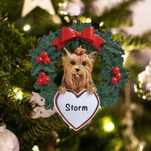 Personalized Yorkie with Wreath Christmas Ornament