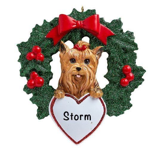 Yorkie With Wreath Personalized Christmas Ornament