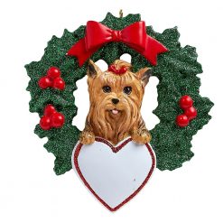 Yorkie With Wreath Personalized Christmas Ornament - Blank