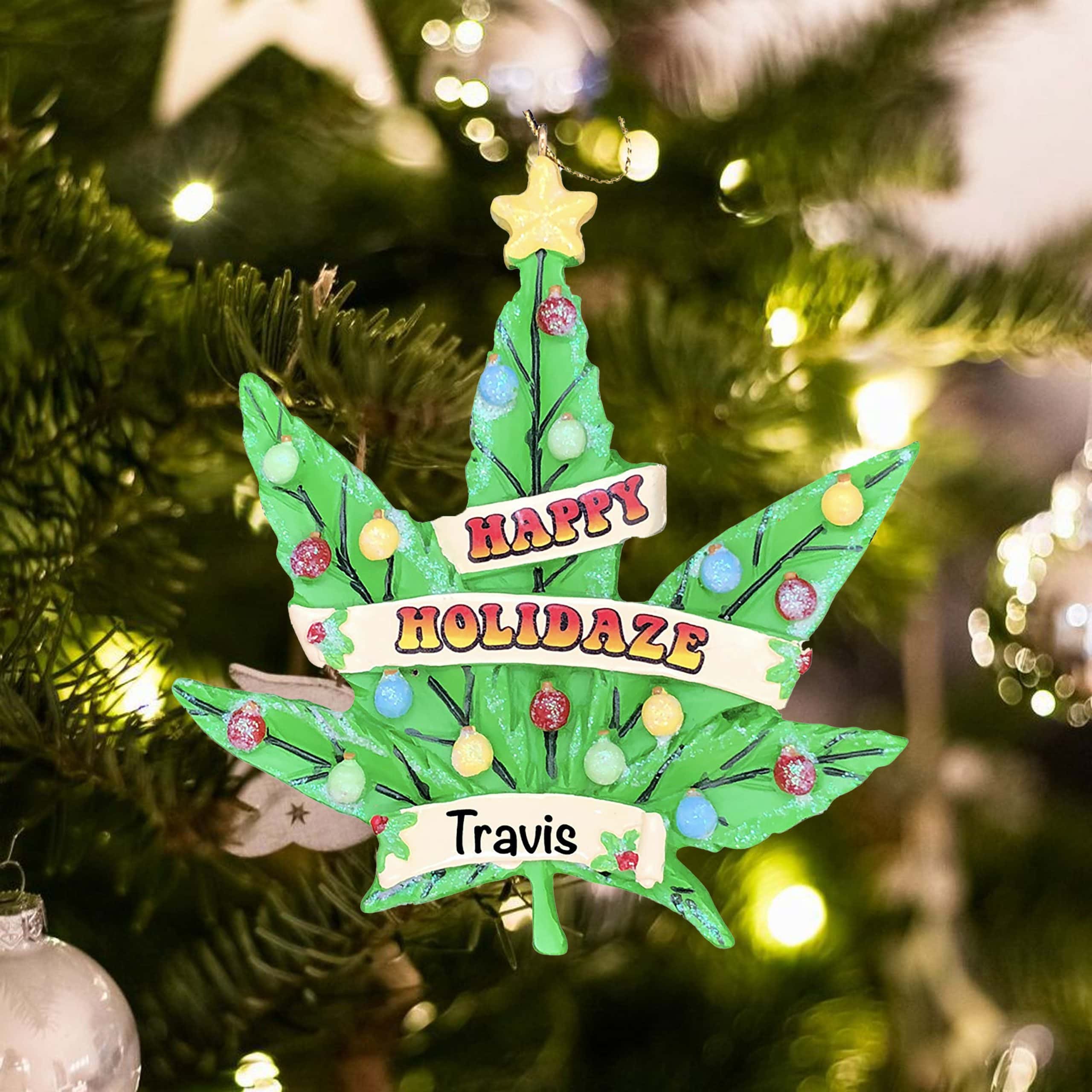 Cannabis Leaf Happy Holidaze Christmas Ornament 