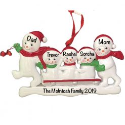 Snowmen Sled Family of 5 Personalized Christmas Ornament