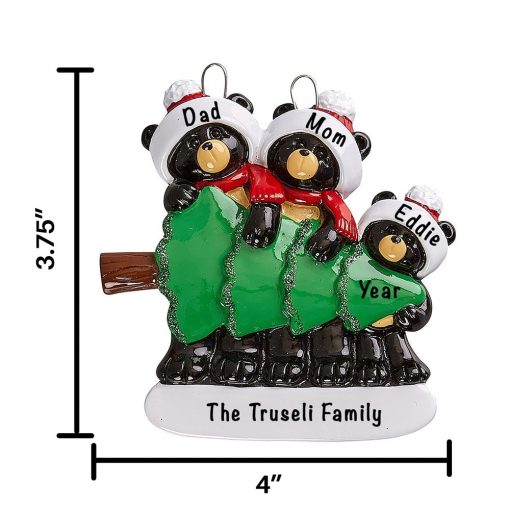 Black Bear Family of 3 Personalized Christmas Ornament