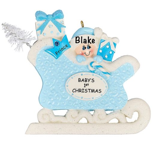 Blue Baby's First Christmas Sleigh Personalized Ornament