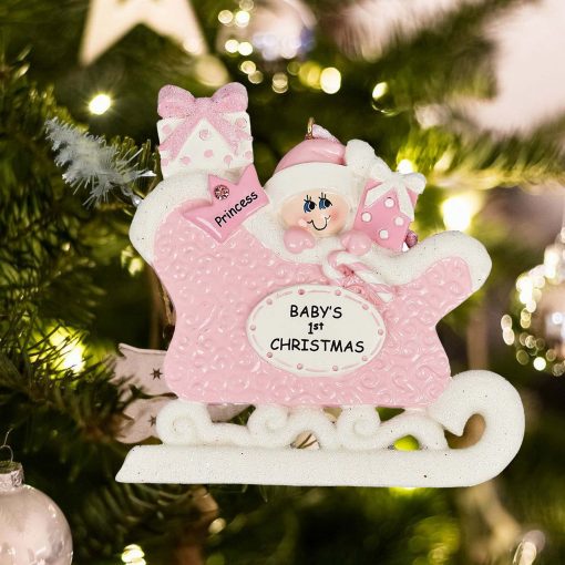 Personalized Pink Babys First Christmas Sled Christmas Ornament