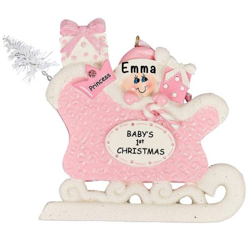 Pink Baby's First Christmas Sleigh Personalized Ornament