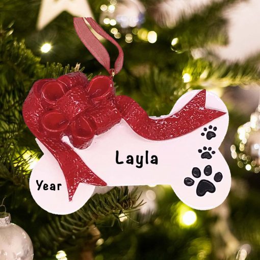 Personalized Christmas Ribbon Dog Bone Christmas Ornament