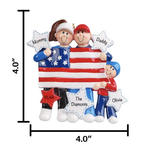 American Patriotic Family of 3 Personalized Christmas Ornament - Blank