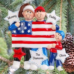 American Patriotic Family of 3 Personalized Christmas Ornament