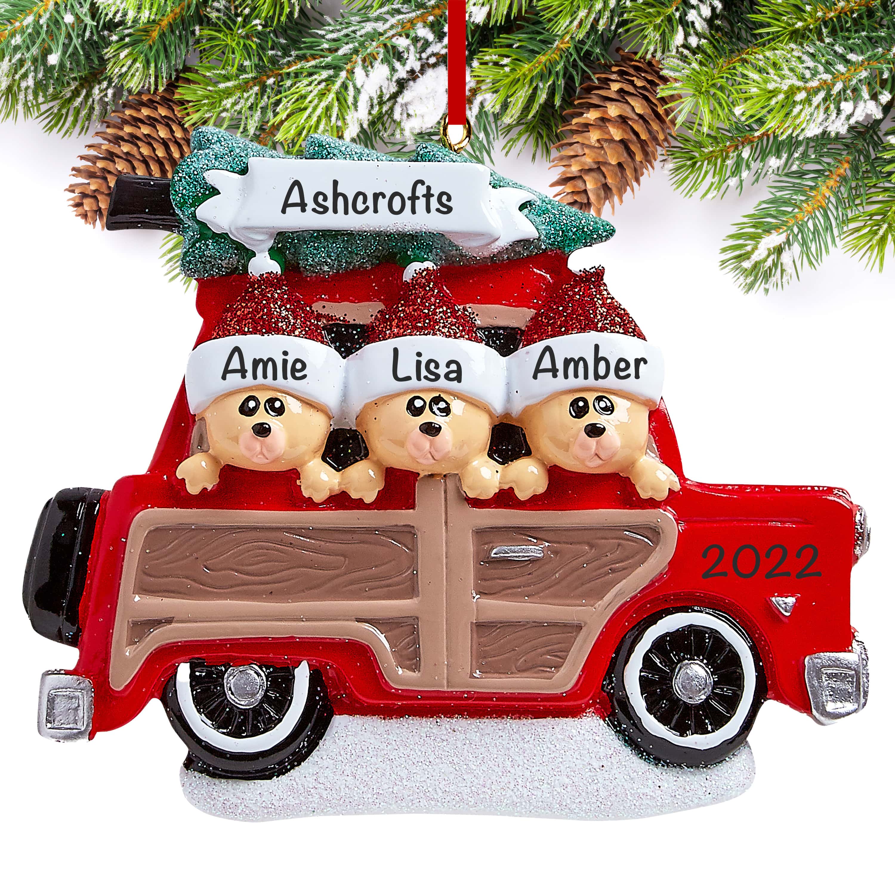 SUV Car Christmas Tree Family of 3 Personalized Christmas Ornament