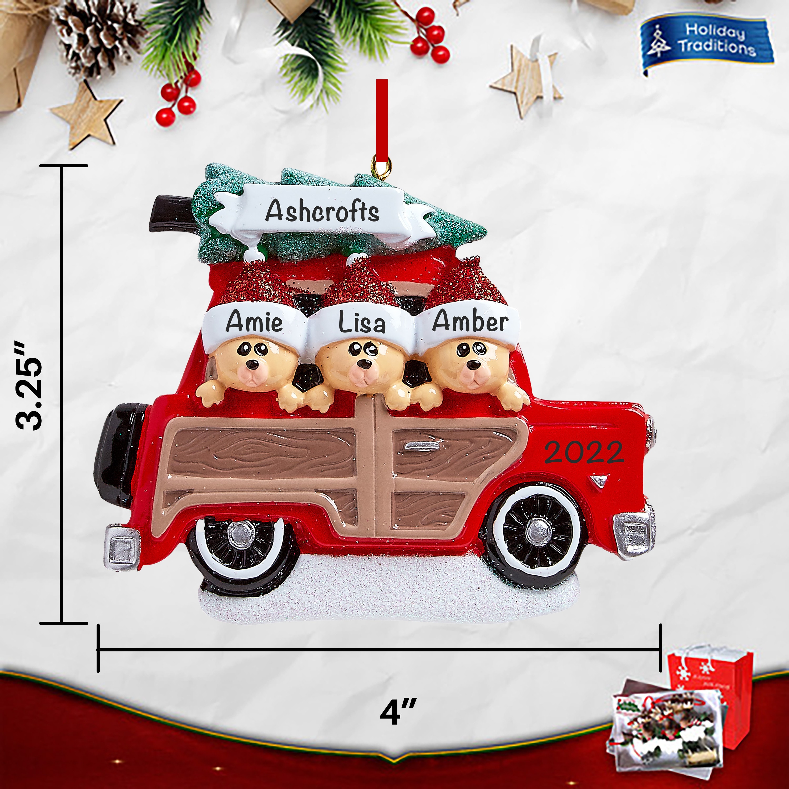 SUV Car Christmas Tree Family of 4 Personalized Christmas Ornament
