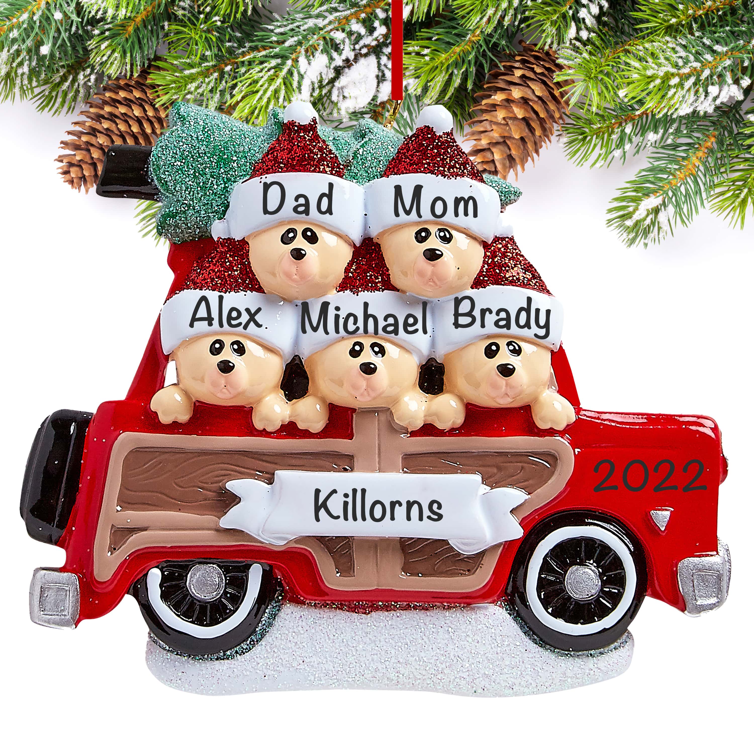SUV Car Christmas Tree Family of 5 Personalized Christmas Ornament
