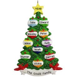 Green Glitter Tree Family of 10 - Large Family Christmas Ornament