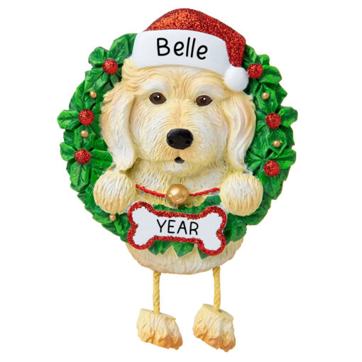 White Labradoodle Wreath Personalized Christmas Ornament - Gifts for Friend Family Dog Mom Dog Dad Dog Lover - Custom Dog Name Labradoodle Present - myornament.com