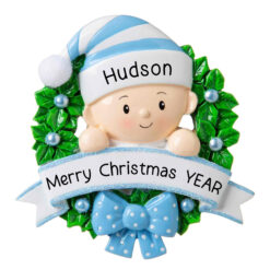 Baby Boy Christmas Wreath Personalized Ornament - Gift for Baby - Baby's First Christmas Present - Personalized