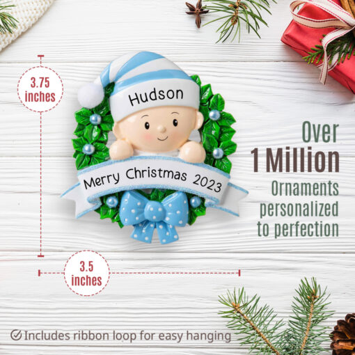 Baby Boy Christmas Wreath Personalized Ornament - Gift for Baby - Baby's First Christmas Present - Size