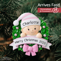Baby Girl Christmas Wreath Personalized Ornament - Gift for Baby - Baby's First Christmas Present - xmas