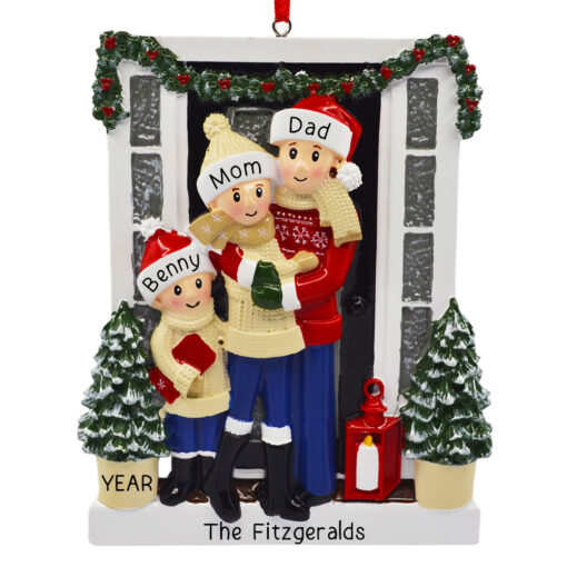 Holiday Door Family of 3 Personalized Ornament - Gift for Family Mom Dad - Custom Keepsake