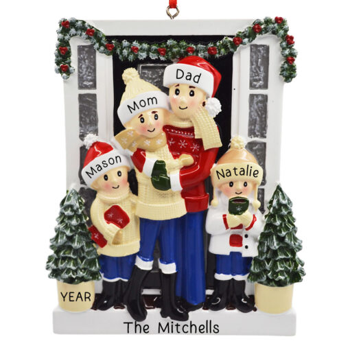 Holiday Door Family of 4 Personalized Ornament - Gift for Family Mom Dad - Custom Keepsake